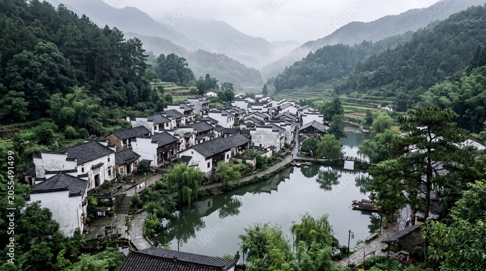 Fototapeta premium Traditional chinese village with pond in misty mountains