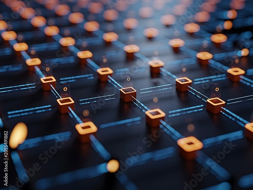 Futuristic grid with glowing orange nodes