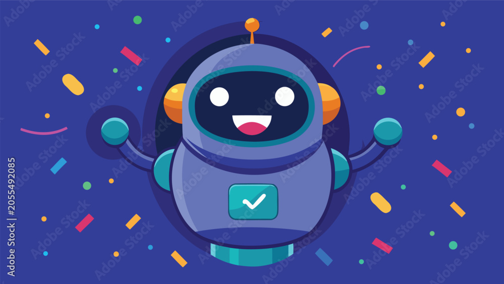 Fototapeta premium Cartoon robot with a friendly expression and a prominent check mark on its chest