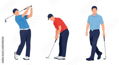 Slika na platnu Set of Flat style vector of male golf athletes participating in outdoor sports and recreational activities