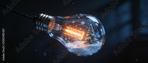 Magical Christmas tree inside glowing light bulb with snowflakes