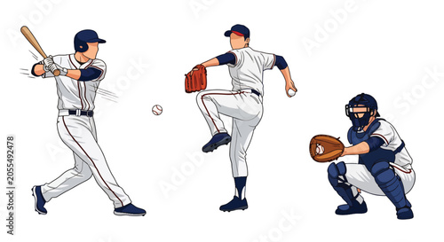Obraz na plátně Set of Flat style vector of male baseball athletes involved in professional and recreational team sports