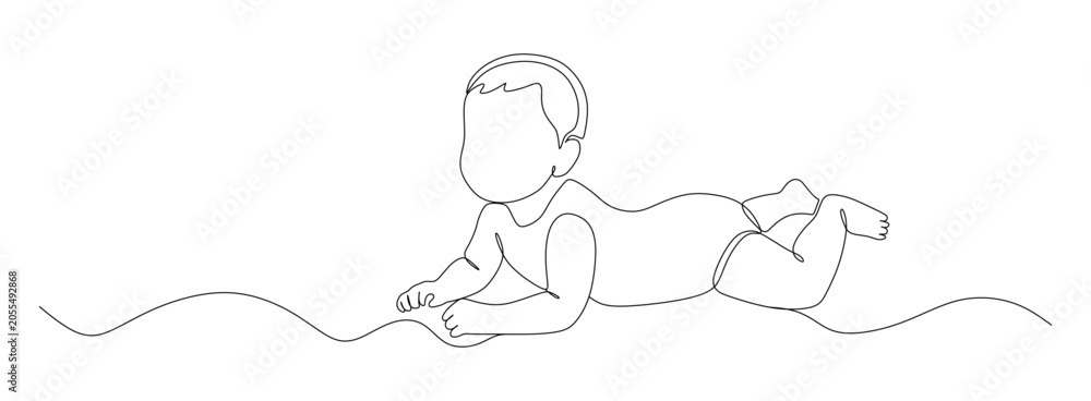 Fototapeta premium This image shows a minimalist continuous one-line drawing of a baby lying on their stomach, conveying a sense of innocence and gentle movement.
