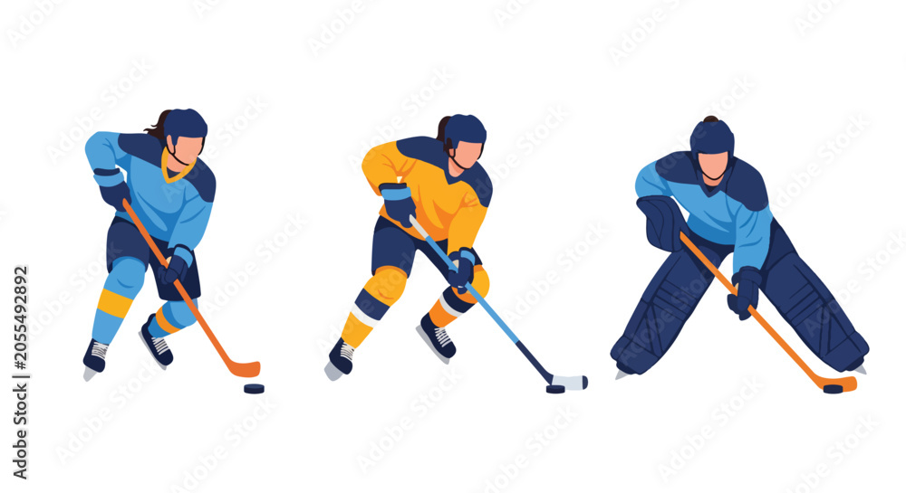 Obraz premium Set of Flat style vector of female ice hockey athletes participating in winter sports and competitive activities. Perfect for sports promotions, club branding and fitness themes