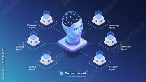 AI technology concept with futuristic human head and servers