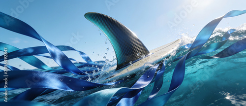 Surfboard Fin Resembling Shark Slicing Ocean Waves with Blue Ribbons