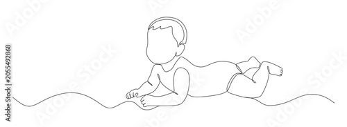 Obraz na plátně This image shows a minimalist continuous one-line drawing of a baby lying on their stomach, conveying a sense of innocence and gentle movement