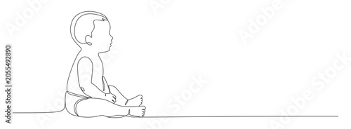 Slika na platnu This image features a minimalist continuous one-line drawing of a baby sitting down, capturing a sense of innocence and gentle simplicity