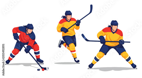 Photography Set of Flat style vector of female ice hockey athletes participating in winter sports and competitive activities