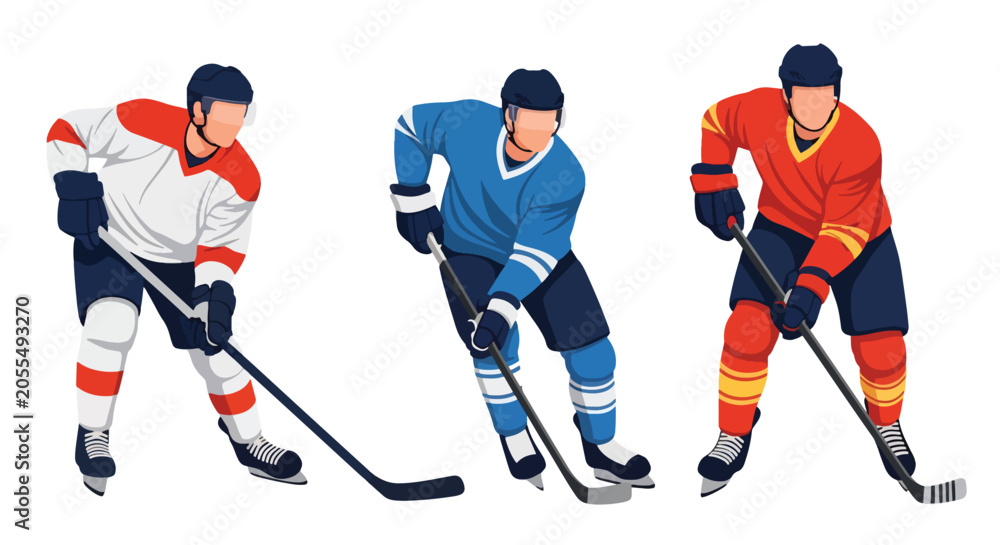 Fototapeta premium Set of Flat style vector of male ice hockey athletes participating in winter sports and professional competitions. Perfect for sports media, club graphics and recreation themes