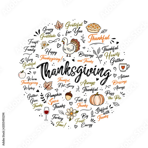 Festive Thanksgiving-themed captions and illustrations. Turkey, pumpkin pie, autumn leaves, acorns, a glass of wine, and more