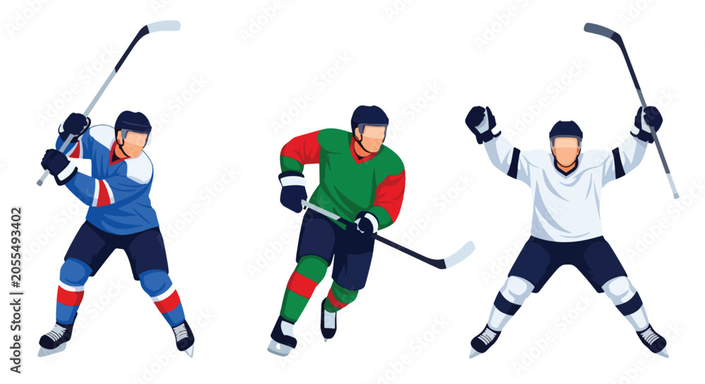 Fototapeta premium Set of Flat style vector of male ice hockey athletes participating in winter sports and professional competitions. Perfect for sports media, club graphics and recreation themes
