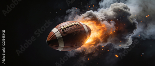 American Football Flying Through Air with Fire Smoke and Sparks