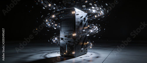 High Performance Gaming PC Tower with Glowing Digital Data Streams