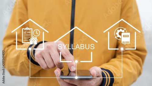 Closeup of a person using a smartphone with a digital syllabus interface overlay