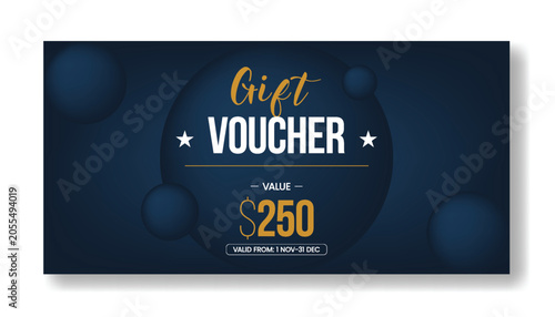 Photography Modern dark blue gift voucher design with $250 value and valid from 1 november t