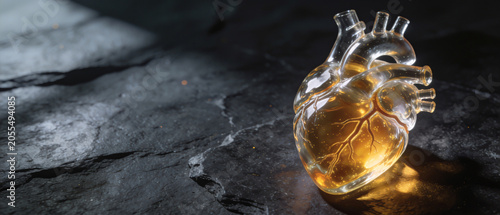 Glowing Glass Human Heart Resting on Dark Textured Stone Surface