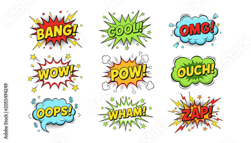 Colorful comic book speech bubbles and sound effect callouts with elements
