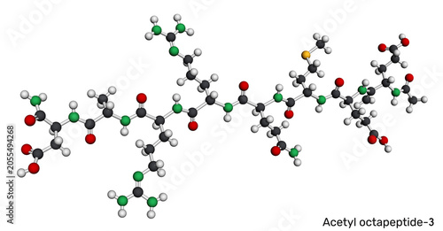 Photos Acetyl octapeptide-3 molecule, anti-wrinkle, anti-aging neuropeptide, active cosmetic ingredient for skin care, expression lines reducer formula