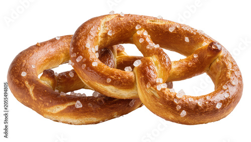 Fotografie Isolated delicious freshly baked pretzels with large salt crystals, a classic Ge