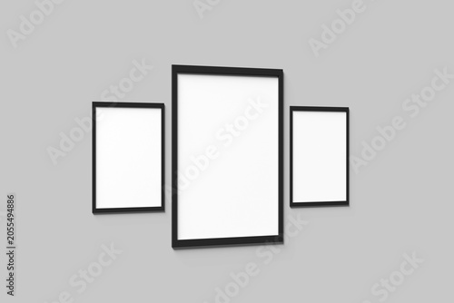 Modern Black Picture Frame Mockup Set on Gray Wall Background