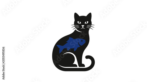 Obraz na plátně Black cat silhouette with blue fish inside belly.