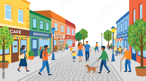 Obraz na płótnie Colorful city street scene with shops and pedestrians.