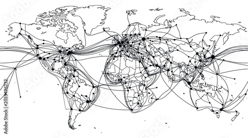 Foto Global connection network map showing flight paths and data.