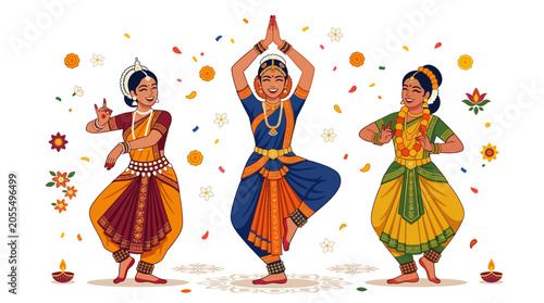 Φωτογραφία Three Indian women performing traditional Bharatanatyam classical dance poses