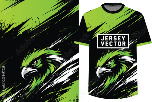 Sports Jersey Design Template with Aggressive Eagle Vector Graphic, Active wear Sublimation Sports Apparel Design with Fierce Eagle Vector.