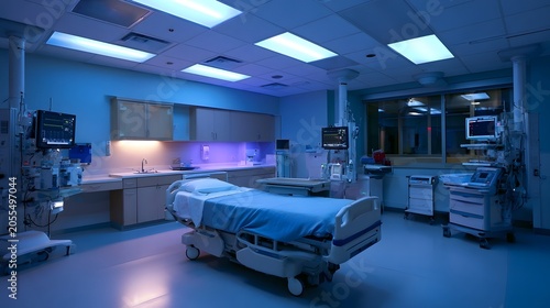 A modern hospital room features a patient bed set against light blue walls conveying a serene and clinical atmosphere