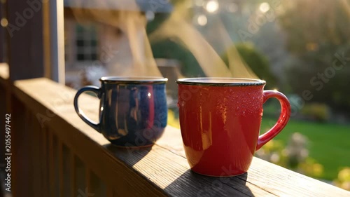 Two steaming coffee mugs one red and one blue on a wooden deck in morning sunlight