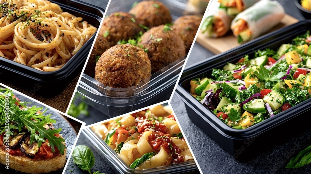 Fototapeta premium Prepared vegan meals in black plastic containers with fresh falafel, pasta, vibrant salad, spring rolls, and bruschetta, highlighting healthy food delivery and catering