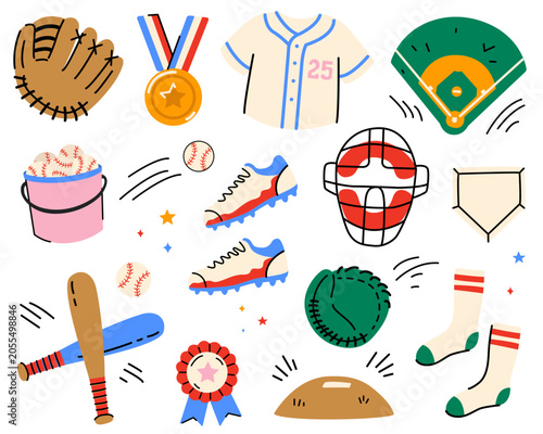 Vector baseball elements in doodle style. Baseball uniform and ball, bat, catcher's mask and glove, pitcher's mound. Sports stickers, labels, posters, branding
