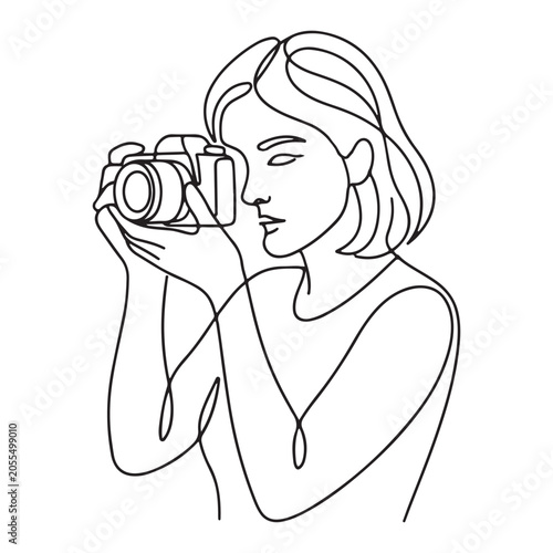 Continuous line drawing of a woman taking a photo with a camera