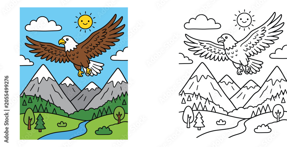 Obraz premium Flying eagle cartoon illustration and coloring page for kids, bald eagle in the sky over mountains line art outline vector set