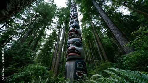 Colourful totem pole featuring indigenous symbols and carvings, standing vertically amongst towering evergreen trees and lush green ferns in a dense forest environment