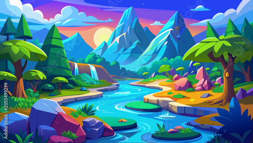 Vibrant blue mountains and green trees along a winding tropical river. Creative world building and fantasy art. Colorful 3d nature scene with rounded rocks and crystal clear water