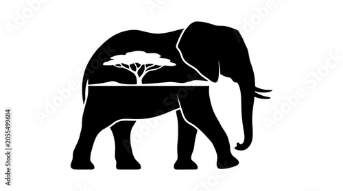 Majestic Elephant Silhouette with African Tree and Landscape Inside