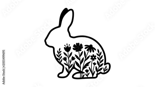 Bunny silhouette filled with floral garden flowers and plants, a charming illustration for springtime and Easter themes