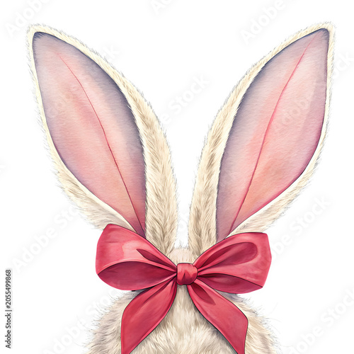 Fluffy white bunny ears with a bright pink bow tie, a cute easter animal illustration