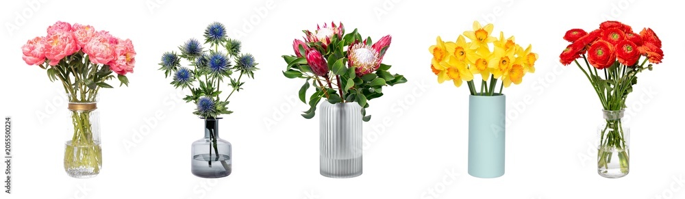 Obraz premium Vibrant floral arrangements in vases element set isolated on white