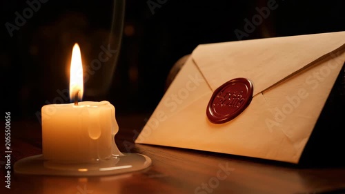 Vintage letter sealed with wax seal illuminated by flickering candle light on dark wooden table