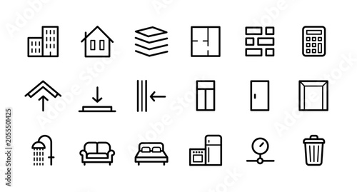 Set of line icons. Building construction and engineering and structural elements. Walls, ceiling, roof, rooms, materials and plans. Simple lineart icon collection for UI design. Vector illustration
