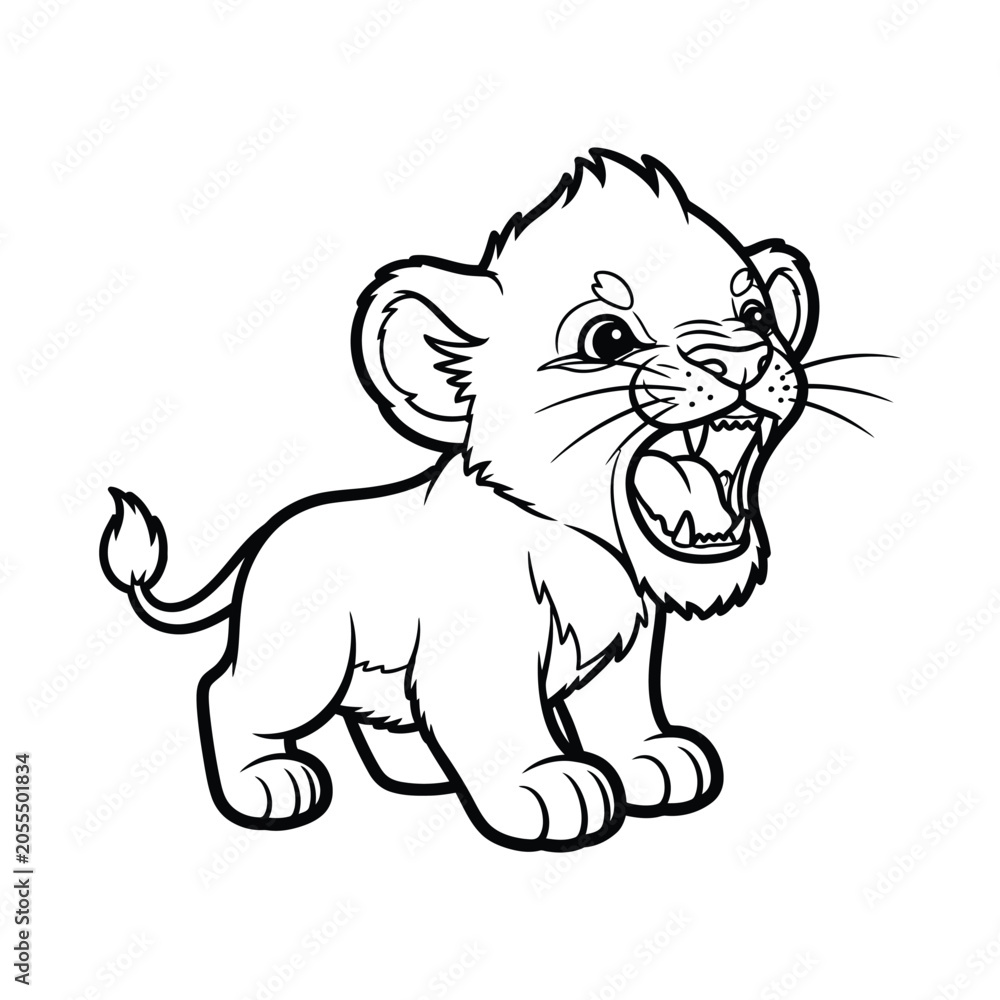 Fototapeta premium Cute Roaring Lion Cub Coloring Page Vector Illustration for Children's Activity Book 
