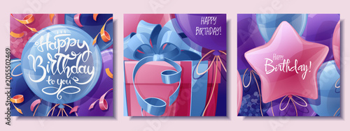 Birthday celebration card collection with helium balloons, star balloon, gift box and ribbons. Festive party invitation templates with purple and pink background. Flat vector illustration