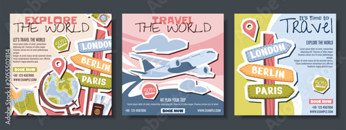 Travel Agency Banner Set With Earth Globe, Direction Signpost And Airplane In Trendy Collage Style. Flat Vector Illustration For Social Media Post About Vacation And Travel
