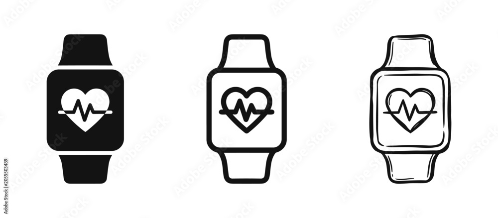 Fototapeta premium Smartwatch with heart rate monitor icon set in flat, outline, and hand-drawn styles for fitness tracking