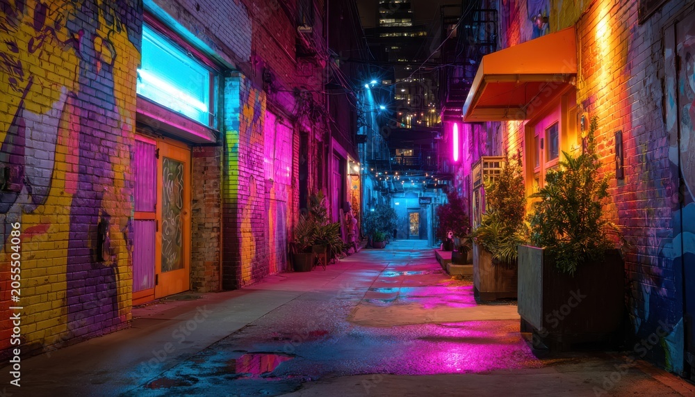 Fototapeta premium Vibrant Neon-Lit Urban Alleyway at Night with Graffiti and Puddles