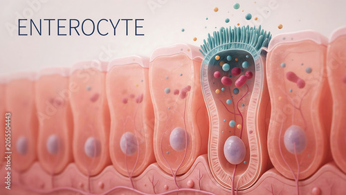 Enterocyte cells in intestine with microvilli absorbing nutrients through cell membrane  science illustration